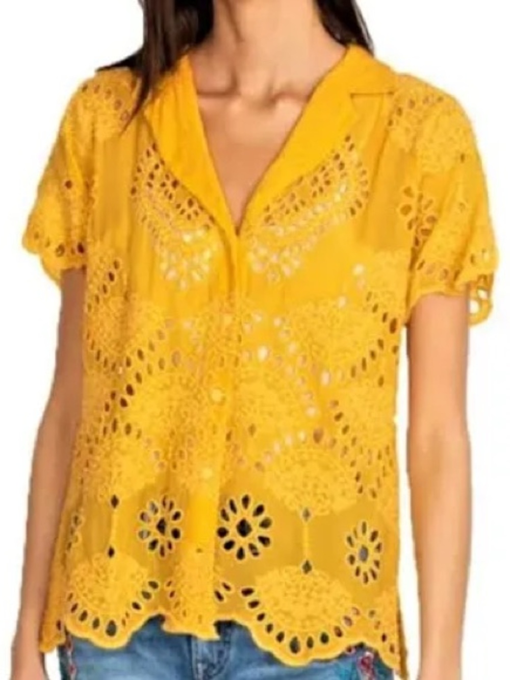 Johnny Was Yellow Eyelet Embroidered Short Sleeve Blouse Shirt Top Women’s Small